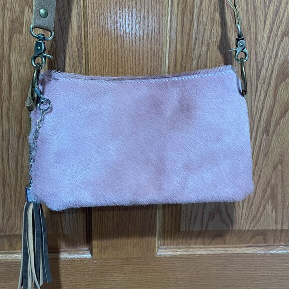Keep It Gypsy Leather Pink Fur Brown Crossbody Bag Purse Country Fringe NWOT NEW - Picture 8 of 8
